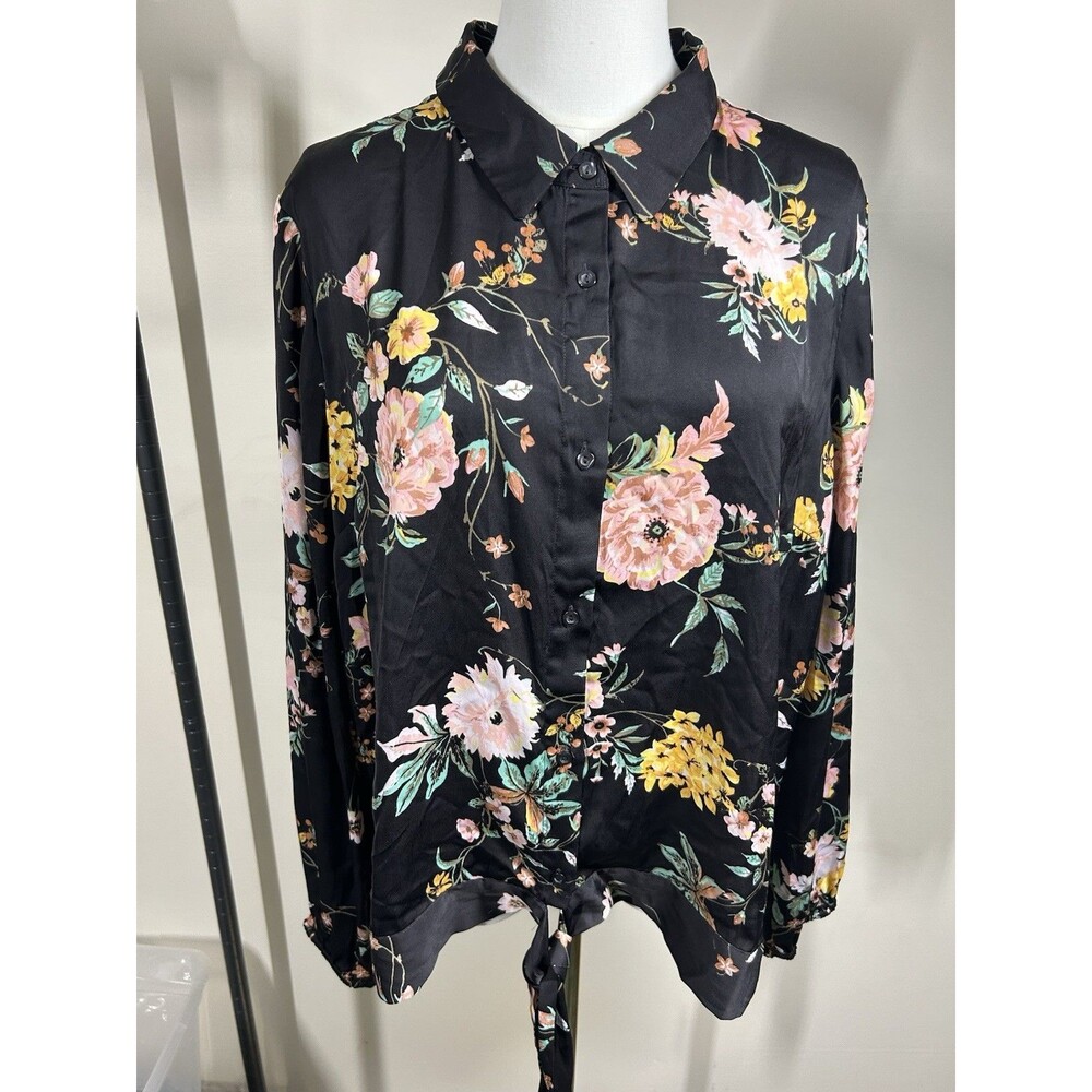 Lauren Conrad Womens Button Down Blouse Size XXL Black Foral Ties at Waist 077